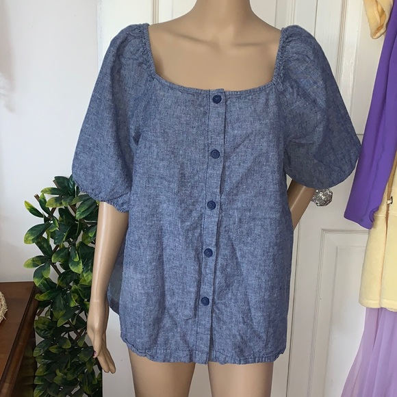 Joe Fresh Plus blue linen cotton denim chambray puff sleeve blouse shirt top XL - Picture 1 of 7